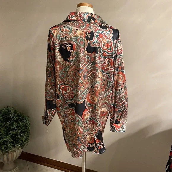 SHEIN multi paisley floral Boho satin feel button down shirt oversized Small - Picture 2 of 11